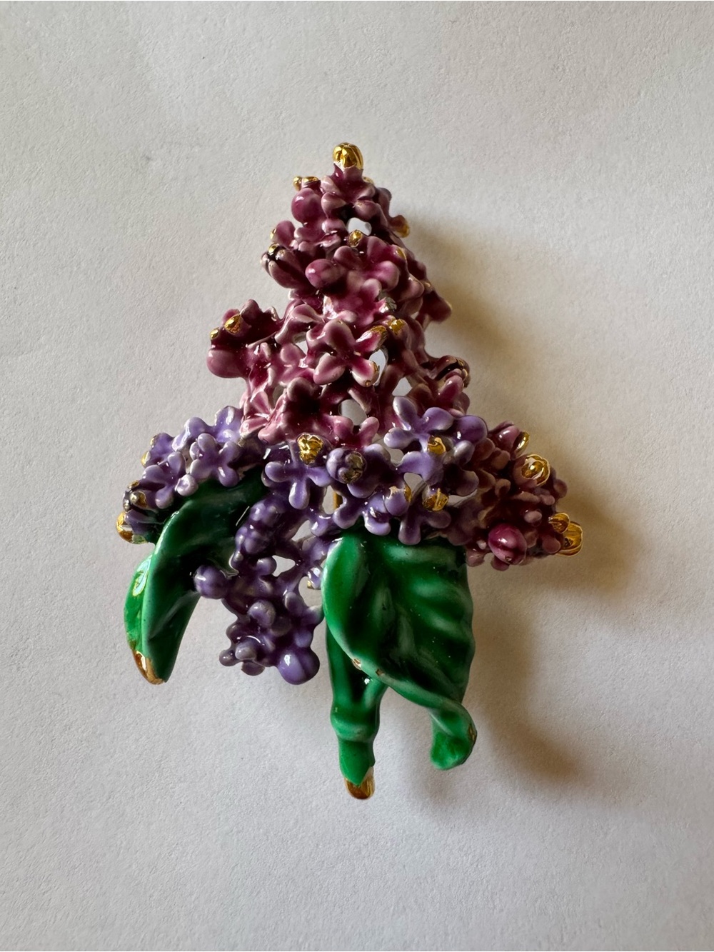Vintage Floral Cluster Brooch in Purple and Green with Gold Accents